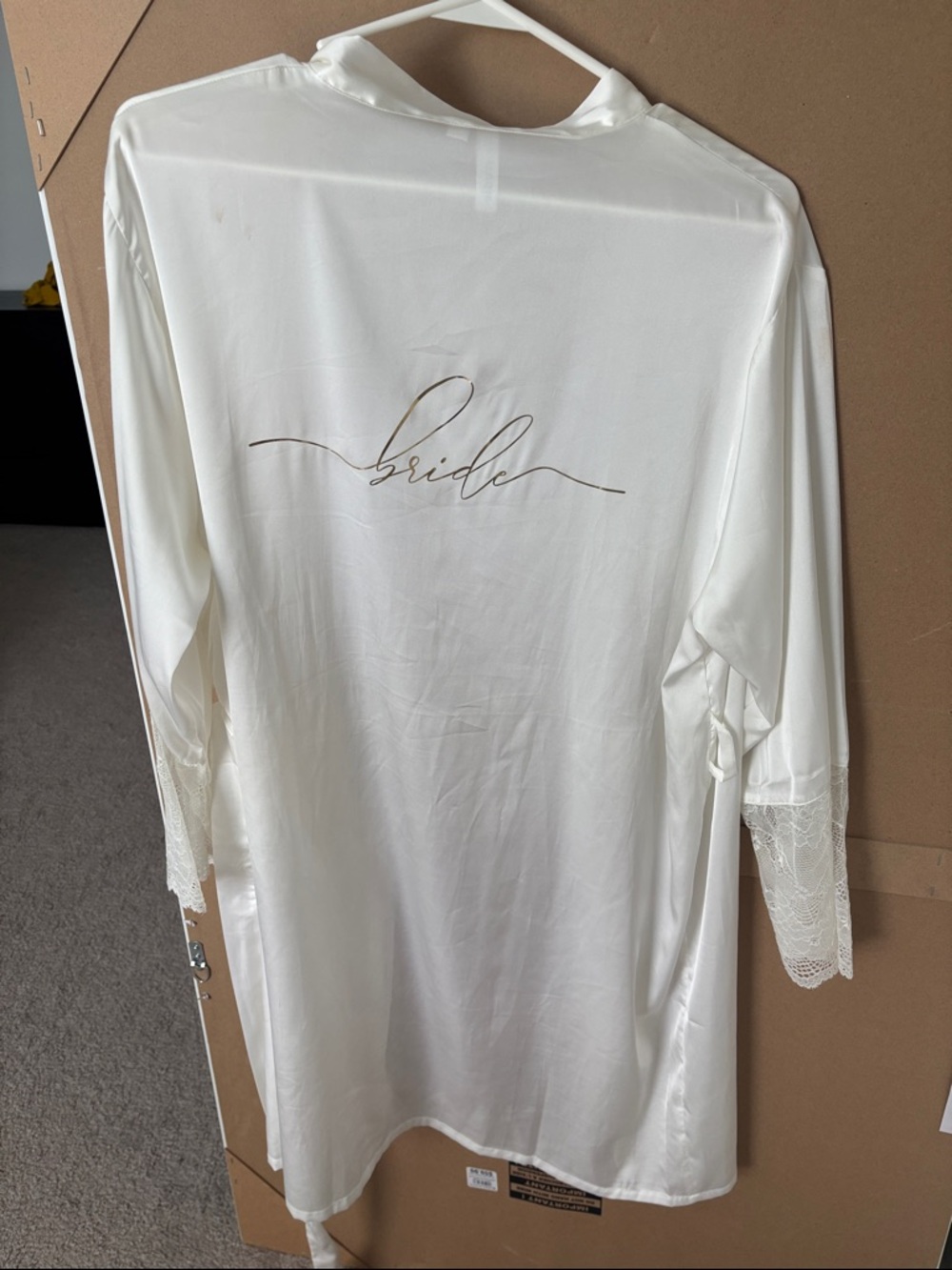 David's Bridal White 'Bride' Satin Robe with Lace Trim